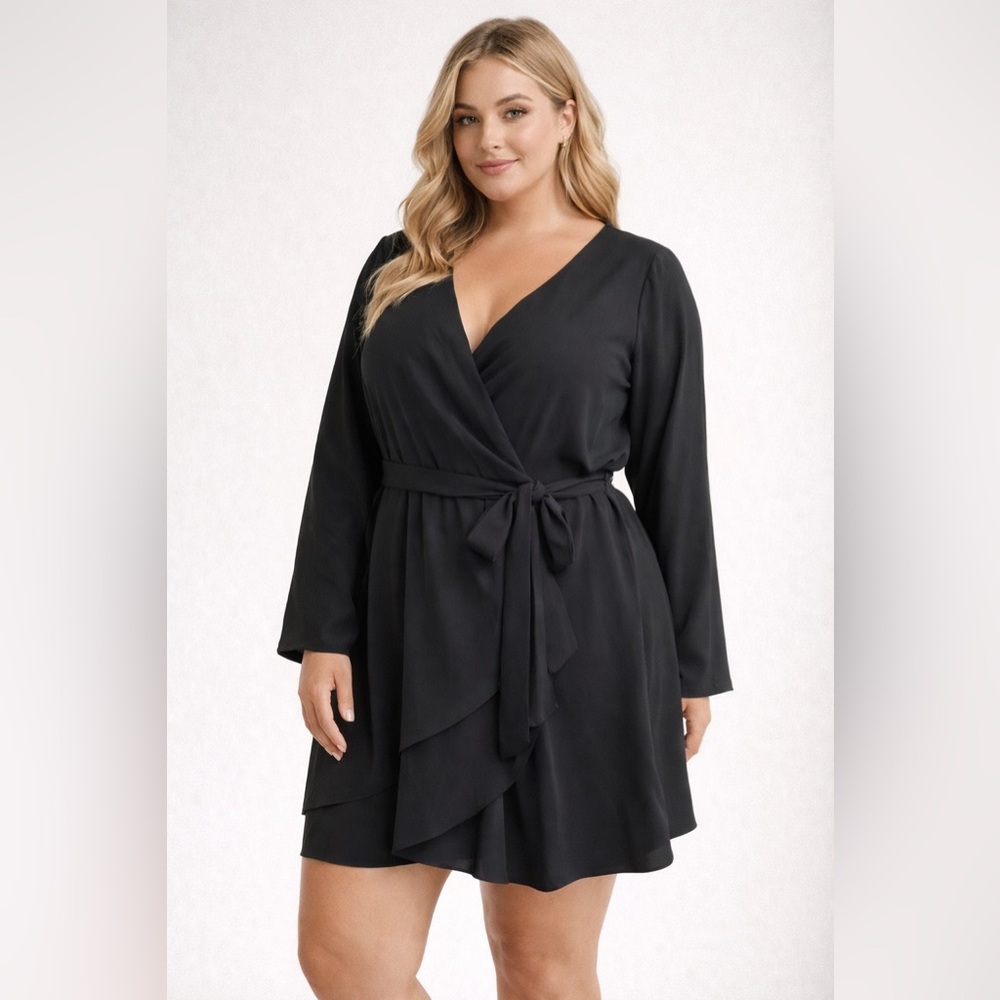 Black Long Sleeve Wrap Dress Belted Plus Size 2X Midi